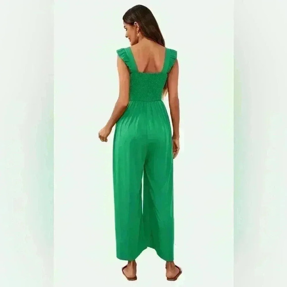 SHE+SKY Stretchy Smocked Wide Leg Jumpsuit Green Size M #203 - Picture 2 of 8